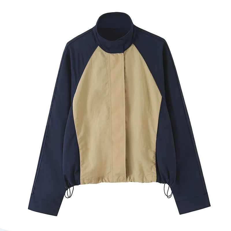 Fashion Color Block 2 Piece Tracksuit Women's Stand Collar Drawstring Cropped Jacket Elastic Waist Pants 2026 Autumn Lady Outfit - Matrix-studios.com
