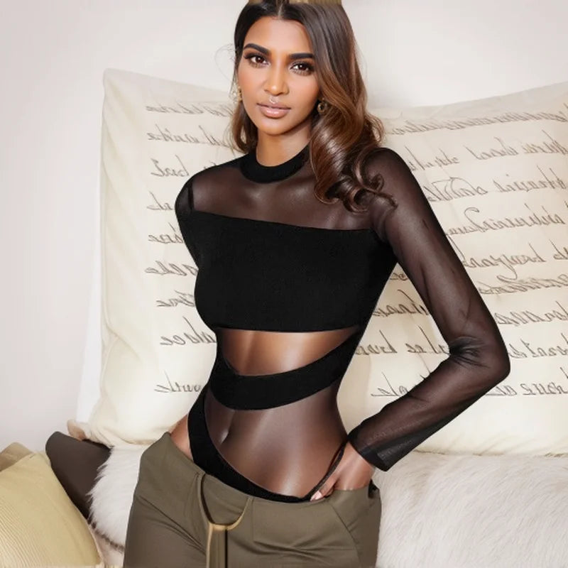 Spring Summer New Fashion Cut Cross Hollow Mesh Jumpsuit Long-Sleeved Thin O Neck Diagonal Black Charming Bodysuit Clubwear - Matrix Studios
