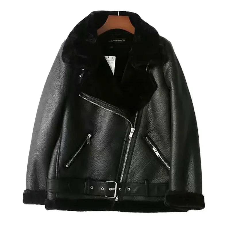Winter Women Thick PU Leather Warm Suede Lamb Jacket Motorcycle Coats Faux Shearling Biker Sheepskin Leather Jackets Outwear - Matrix Studios