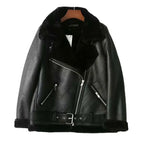 Winter Women Thick PU Leather Warm Suede Lamb Jacket Motorcycle Coats Faux Shearling Biker Sheepskin Leather Jackets Outwear - Matrix Studios