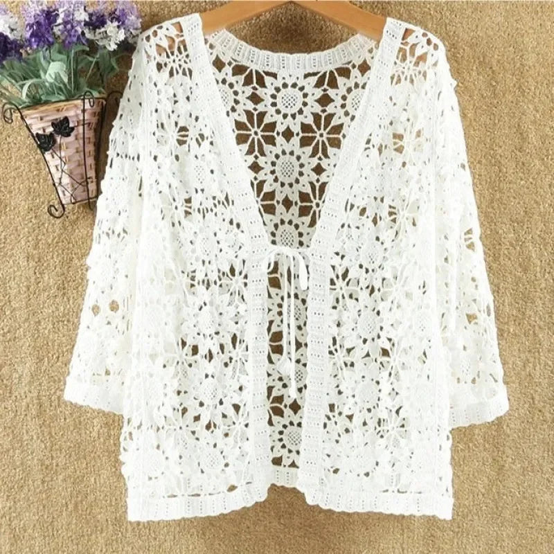 Hollow Out Shawl Knitting Cardigan Women's Sun Protection Clothing Coat 2025 New Summer Loose Casual All-match Ladies Jackets - Matrix Studios