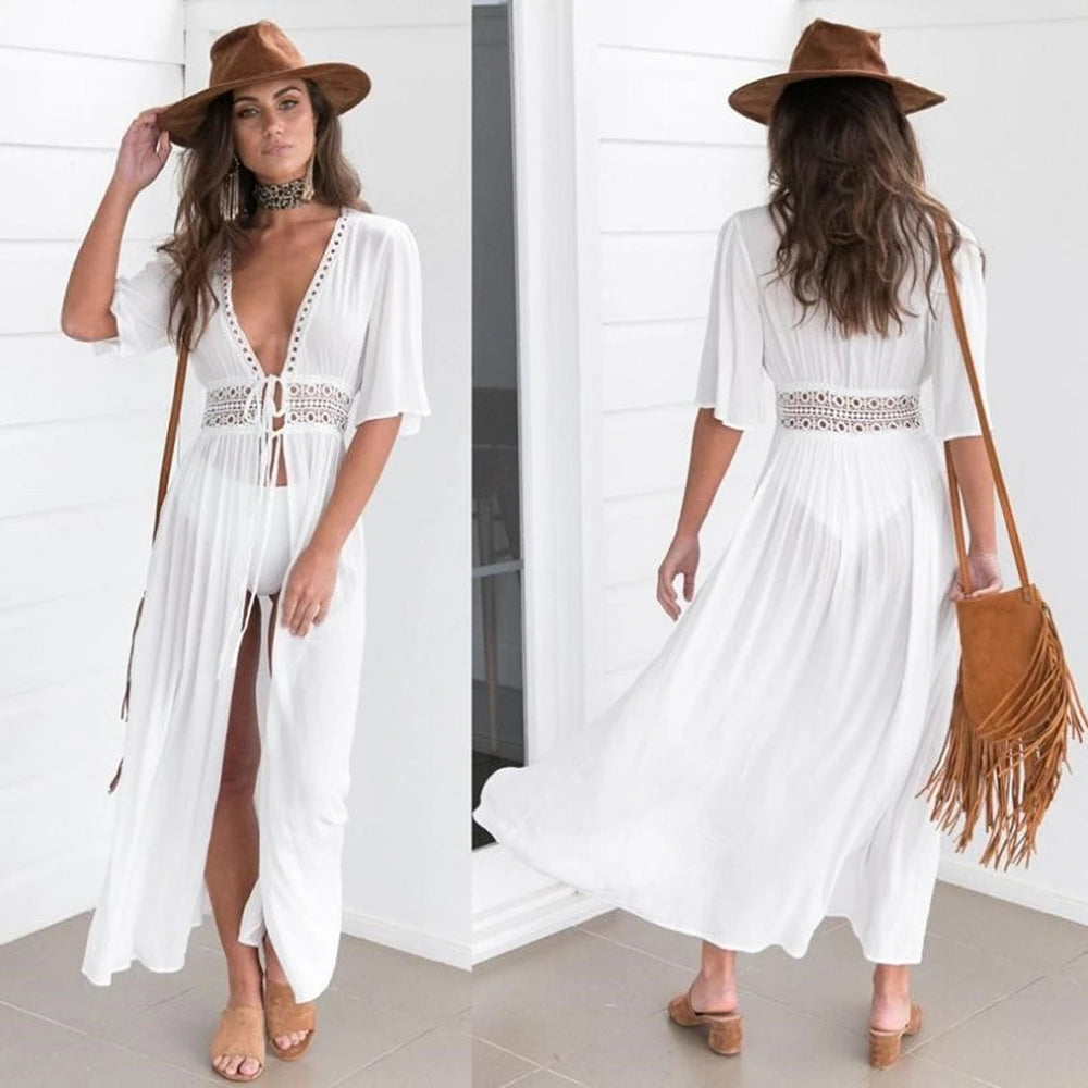Women's Summer Dress Lady Lace Boho Beach Swimsuit Bikini Cover Up Lace-Up Long Blouse Hollow Out Sun Protection Cardigan Shawl - Matrix Studios