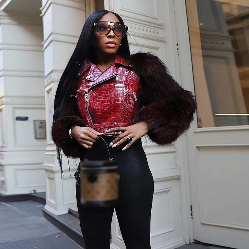 Patchwork Fur Leather Short Jacket Woman Lapel Zipper Belt Long Sleeve Straight Street Coat Casual Versatile Women's New Jackets - Matrix Studios