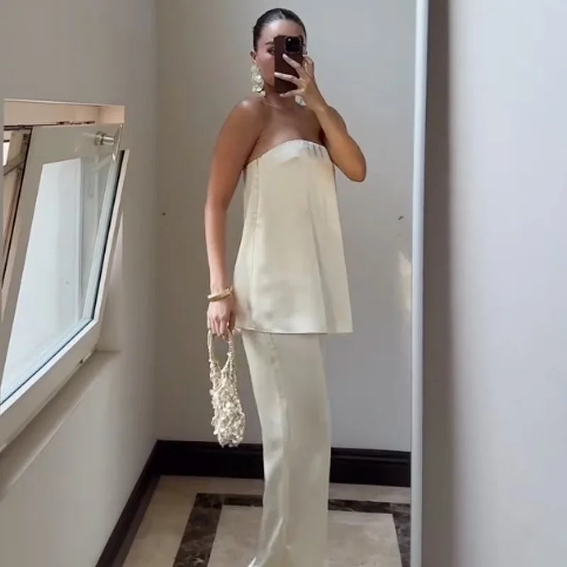 HXAO Satin Pant Sets Women's Two Pieces Set Strapless Off Shoulder Tube Vest 2 Piece Sets Woman Outfit High Waist Trousers Sets - Matrix-studios.com