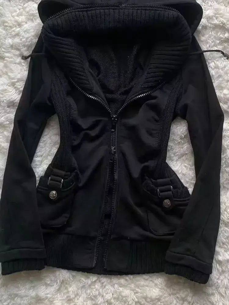 American Harajuku Retro Black Zipper Hoodie Womens Gothic Collar Long Sleeve Folded Hoodie Fashion Hip Hop Winter Sports Jacket