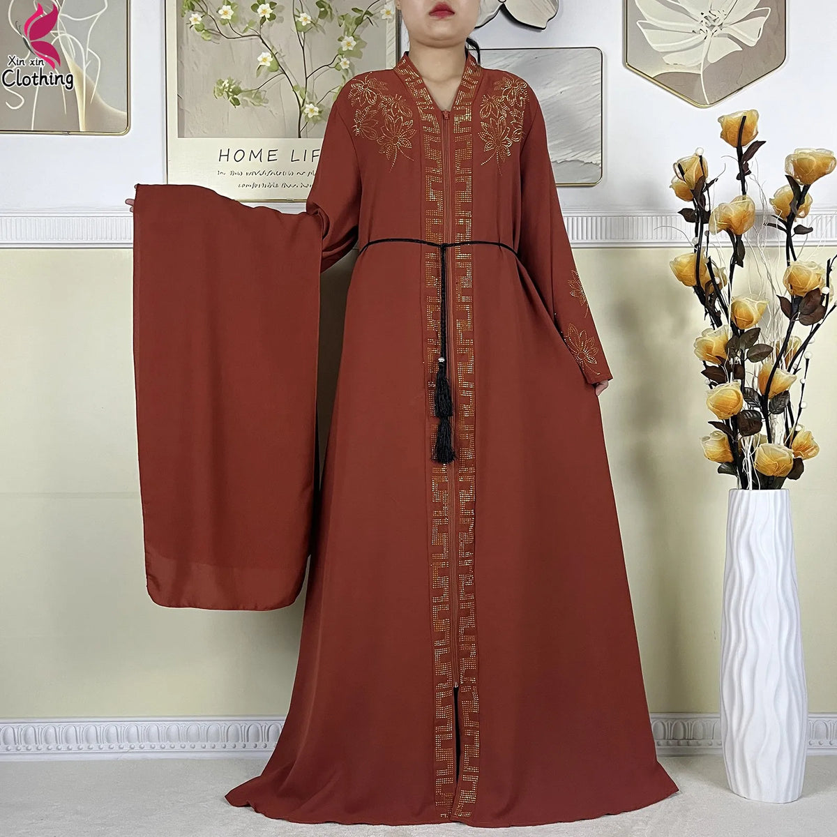 New Muslim Abayas For Women Long Sleeved Dress Dubai Lady Elegant Long Dress Islam Clothing African Abaya Loose Robe With Turban - Matrix-studios.com
