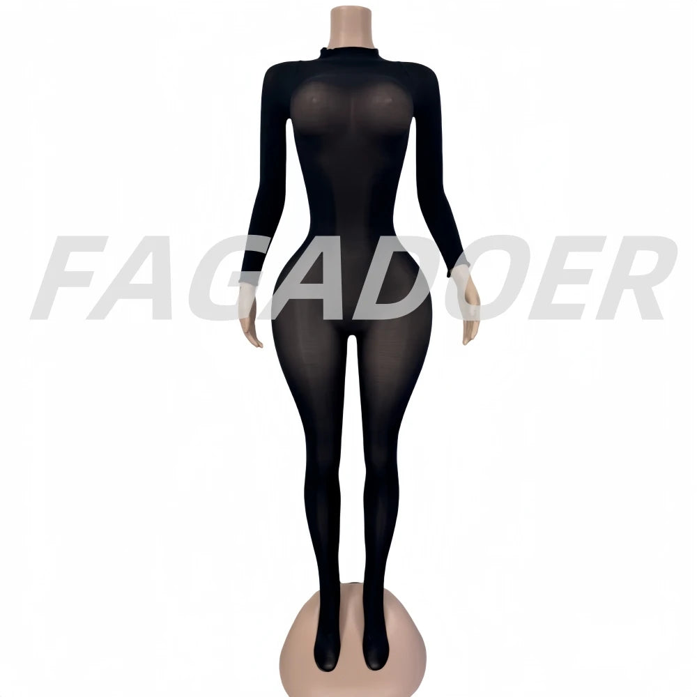 FAGADOER Summer New Sexy Mesh See Through Bodycon Jumpsuit Woman Long Sleeved Round Neck Rompers Female Party Club Overalls - Matrix Studios