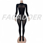 FAGADOER Summer New Sexy Mesh See Through Bodycon Jumpsuit Woman Long Sleeved Round Neck Rompers Female Party Club Overalls - Matrix Studios