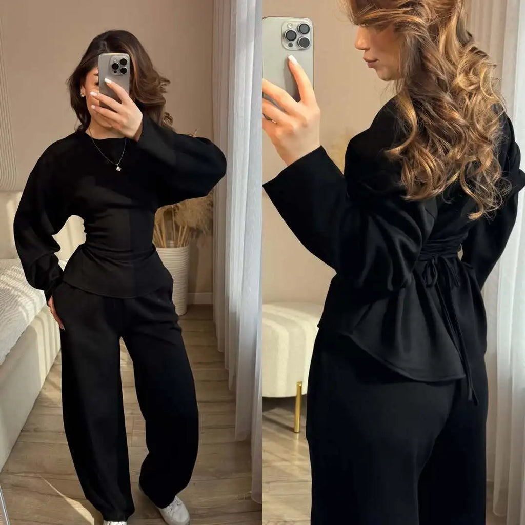 Zekye Women's Matching Sets Crew Neck Long Sleeve Simple Top Slim Trend Wide Leg Pants Set Women's Tracksuit 2026 Femme - Matrix-studios.com