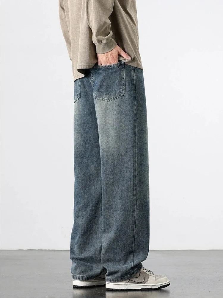 Spring Autumn American Retro Straight Jeans Men Streetwear Korean Fashion Loose Baggy Wide Leg Denim Pants Male Casual Trousers - Matrix Studios
