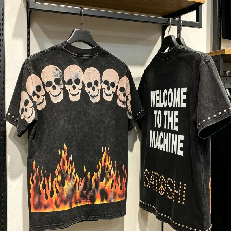 Retro Washed Black SATOSHI Tshirts Men Women Summer Cotton Flame Skull Pattern Mechanical Jesus Cross Print Short Sleeve Tops - Matrix-studios.com