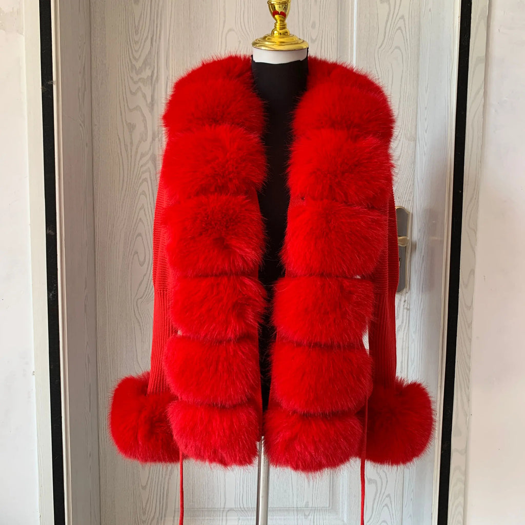 Women Knit Faux Fur Cardigan Spring Autumn Elegant Ladies Fashion Faux Fur Coat Knitted Sweater with Fake Fox Fur Collar - Matrix Studios