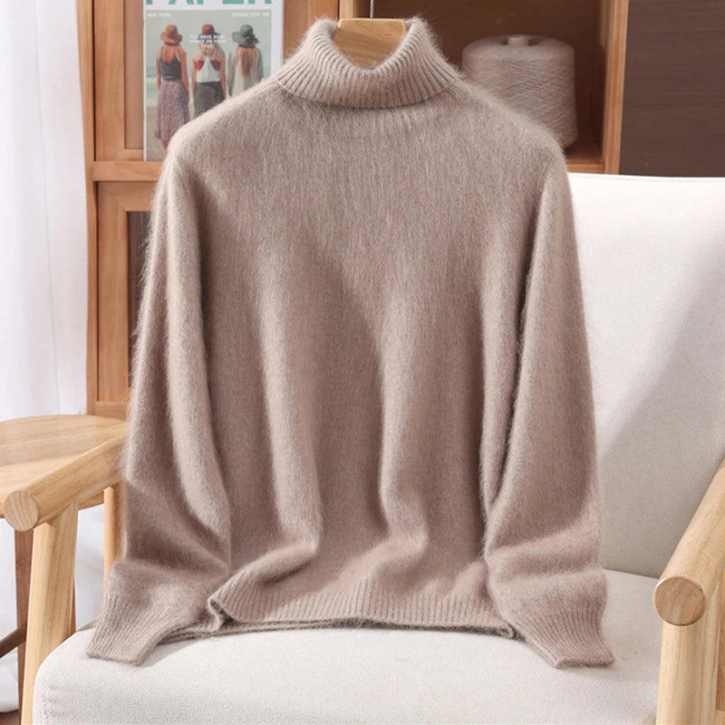 Autumn And Winter New 100% Mink Cashmere Sweater Ladies' High Lapel Solid Color Padded Pullover Wool Knitted Bottoming Shirt - Matrix Studios