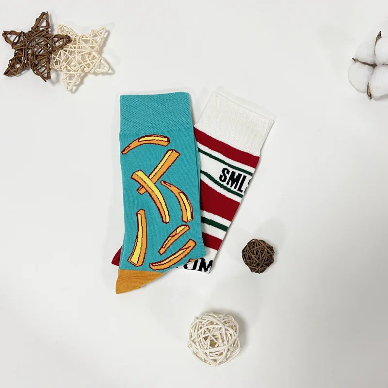 1 Pair Unisex Funny AB Style Tomato Ketchup French Fry Printed Mid-Calf Socks Suit In All Seasons - Matrix Studios