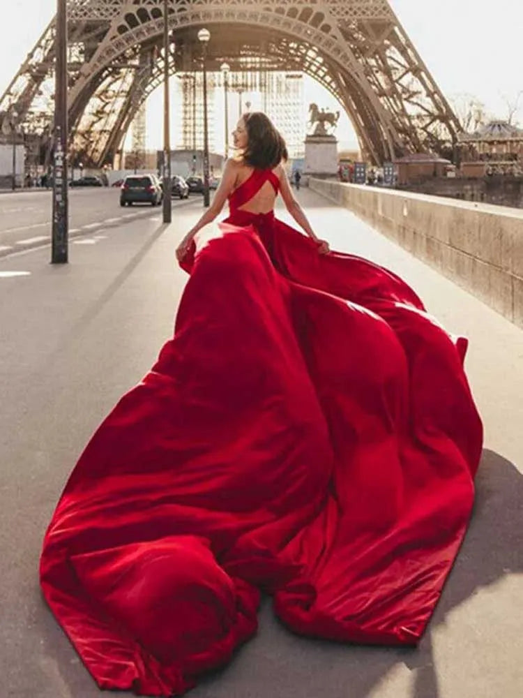 OEING Red A-Line Prom Dress Elegant V Neck Celebrity Evening Dresses Wedding Party Gown Long Train Vestidos De Fiesta Customized - Matrix Studios