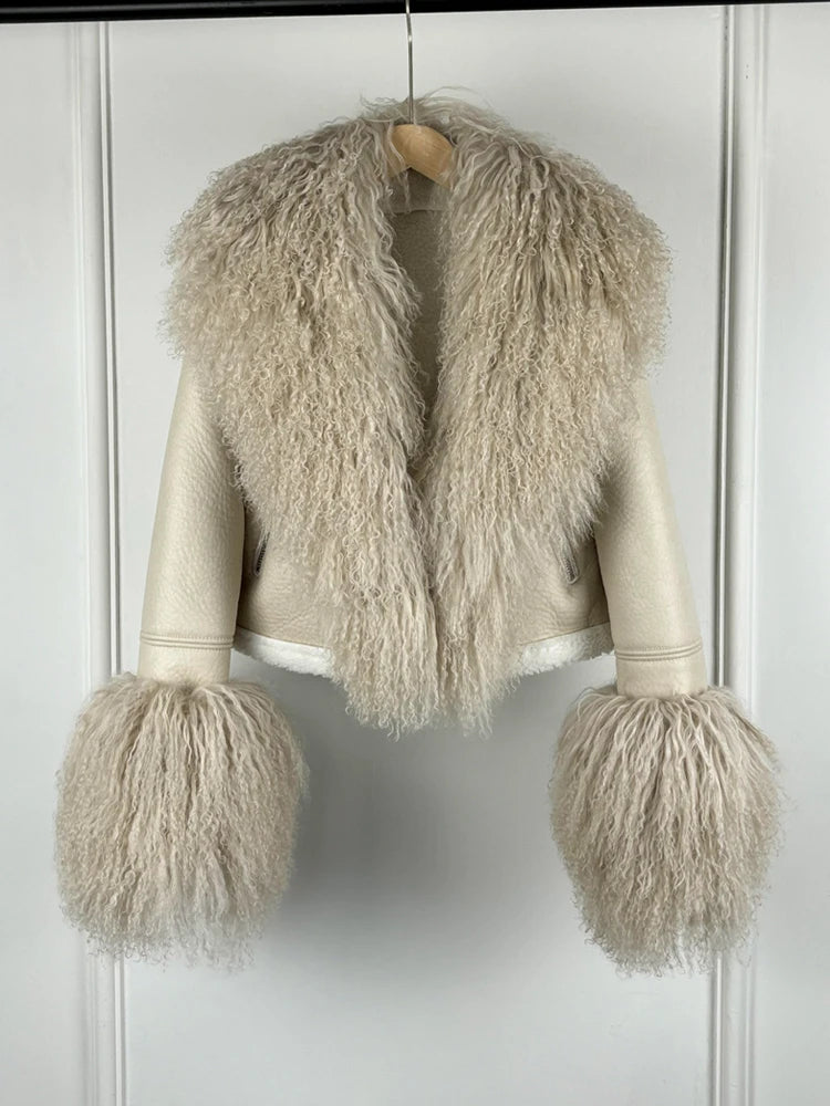 2025 Winter Women Warm Faux Leather Sheepskin Coat Female Zipper Slim Streetwear Moto Biker Jacket Large Real Wool Fur Collar - Matrix Studios