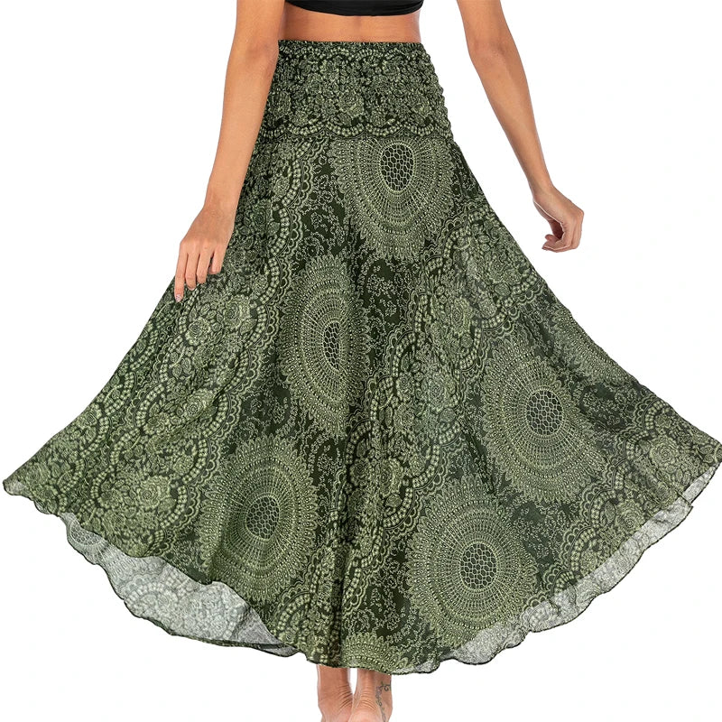 Boho Skirts Women Rayon Beach Long Dress Summer Bohemian Jupe Longue Femme Elastic Waist Print Floral Bandage Halter Hippie - Matrix Studios