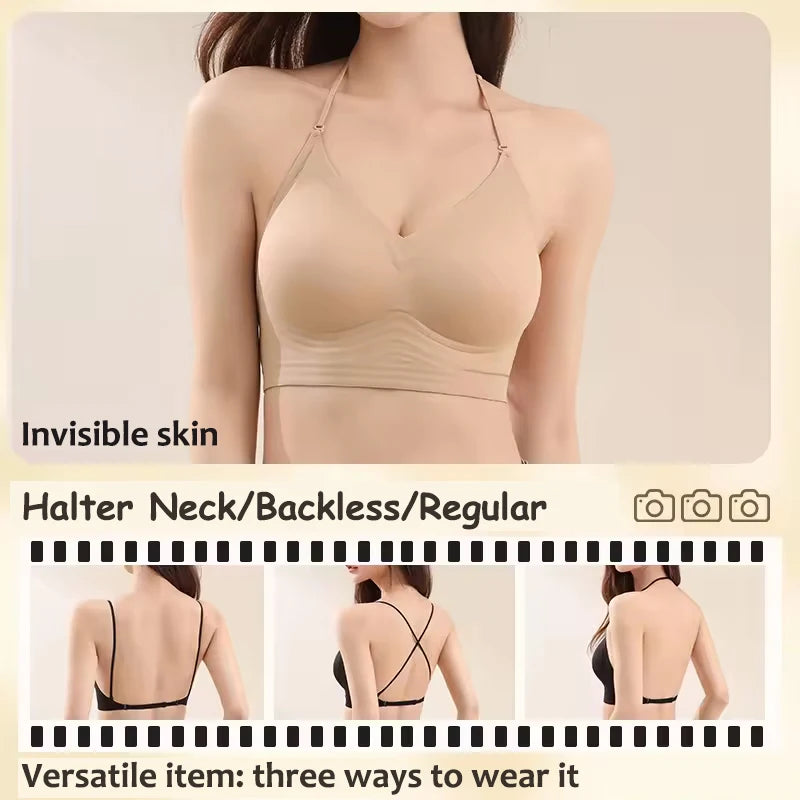 FINETOO Women's 3 Ways to Wear Halter Neck Backless Bralette Seamless Thin-Strapped Gather Bra Female Sexy Solid Color Underwear - Matrix Studios