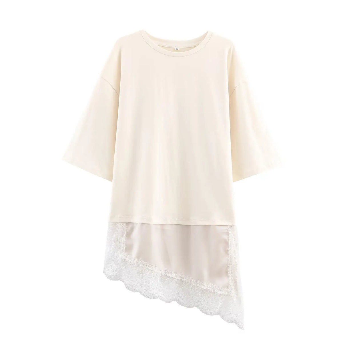 HH Women Vintage Solid Lace Patchwork T-Shirts Asymmetrical Hem O Neck Short Sleeve Shirt 2026 Trend High Street Lady Chic TEES - Matrix-studios.com