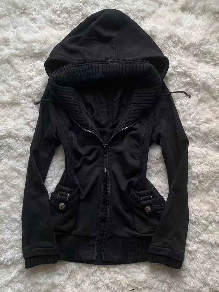 American Harajuku Retro Black Zipper Hoodie Womens Gothic Collar Long Sleeve Folded Hoodie Fashion Hip Hop Winter Sports Jacket
