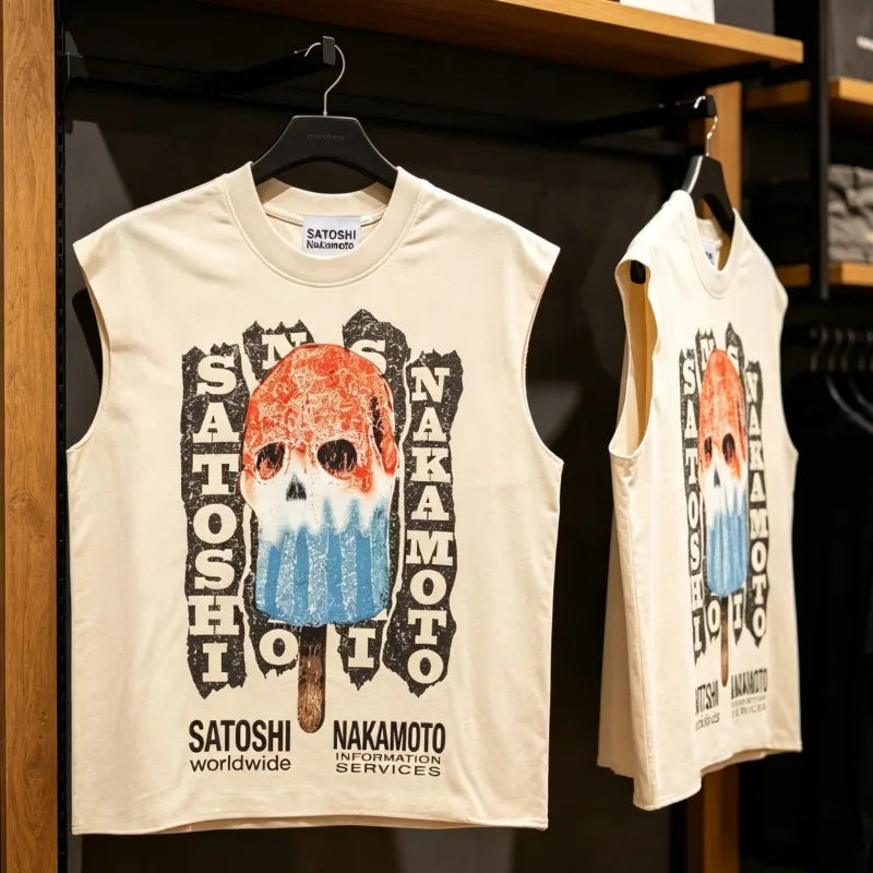 SATOSHI Vest Hip Hop Street Retro Washed Old Melted Popsicle Print Sleeveless Tshirts Men Women Cotton Round Neck Tank Tops - Matrix-studios.com