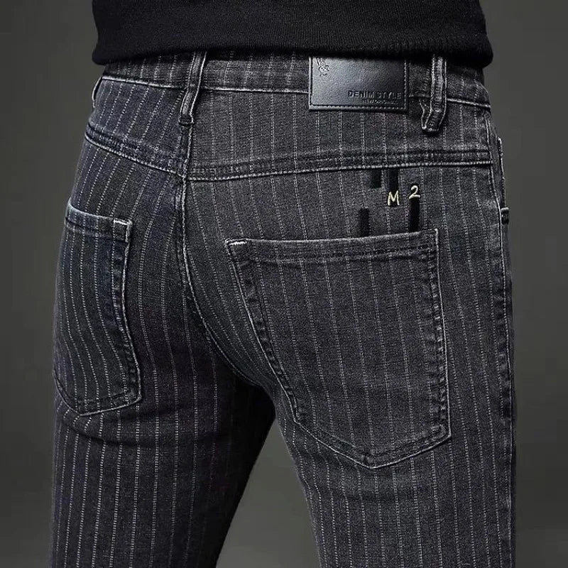 Men's Striped Slim Stylish Casual Pencil Pants Jeans Spring Autumn Korean Trendy Fashion Brand New Elastic Striped Long Trousers - Matrix Studios