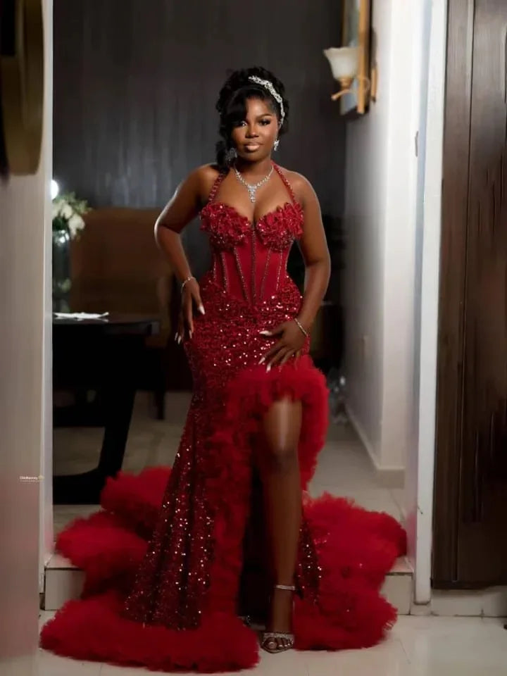 Sparkling Glitter Red Long Prom Dreses Mermaid Beaded Halter Ruffles High Slit Evening Gown Birthday Party Gala Dress Customized - Matrix Studios