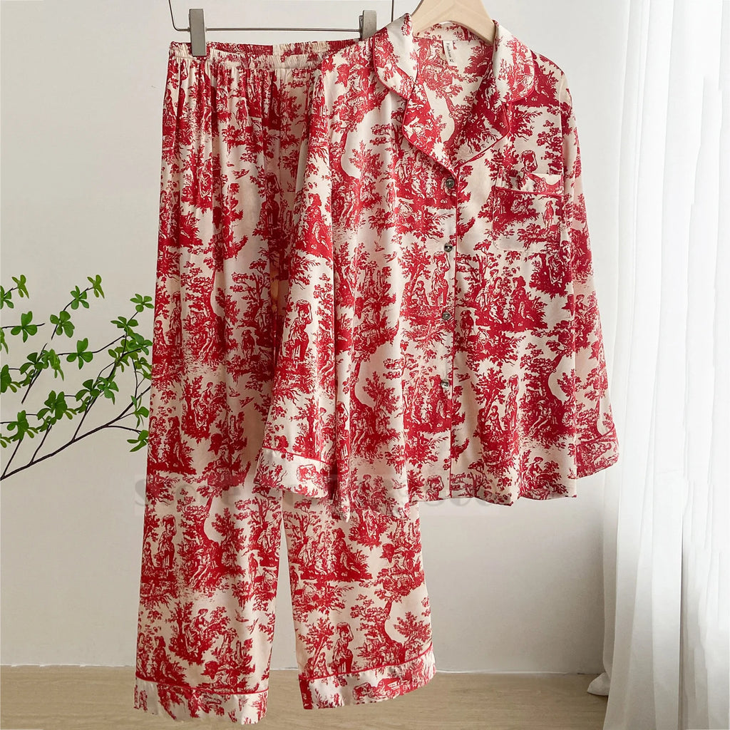 Fashion Print Flower 2PCS Pajamas Set Women Sleepwear Spring Summer Trouser Suits Lounge Wear Loose Satin Homewear Pijamas Suit - Matrix-studios.com