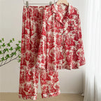 Fashion Print Flower 2PCS Pajamas Set Women Sleepwear Spring Summer Trouser Suits Lounge Wear Loose Satin Homewear Pijamas Suit - Matrix-studios.com