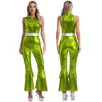 Womens 70S Disco Vintage Jumpsuit Metallic Shiny Flare Sleeve Bodysuit Hippie Bell Bottom Jazz Dance Carnival Rave Party Costume - Matrix Studios
