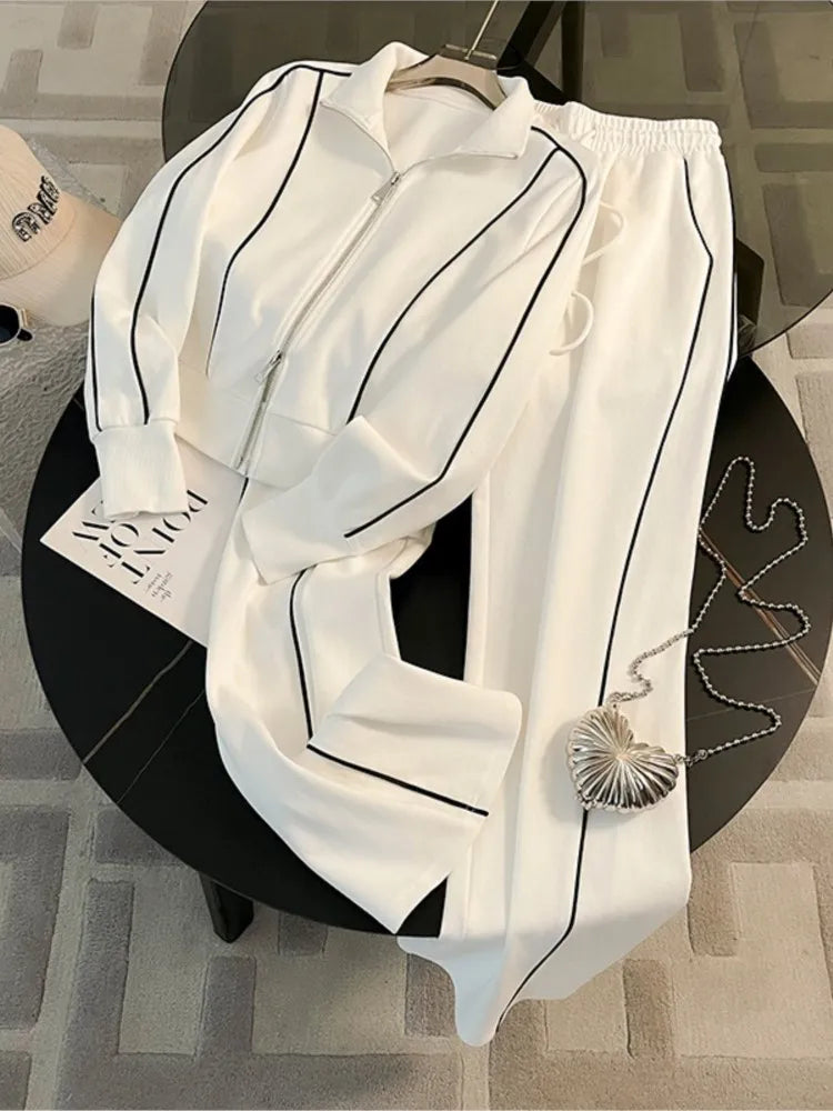Woman's Color Blocking Sportswear Set Spring Autumn Fashion Flip Collar Zipper Coat Long Pants Two-piece Set Lady Leisure Outfit - Matrix-studios.com