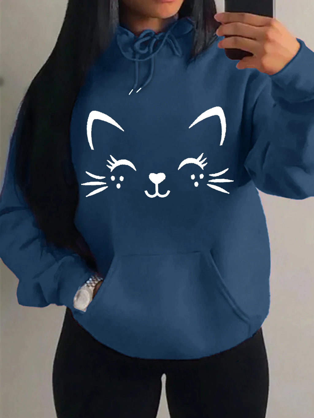 Simple Word Cat Happy Pattern Women Hoodies Fashion Casual Streetwear Personality Hip Hop Hoodie Trendy Fleece Pulloverar