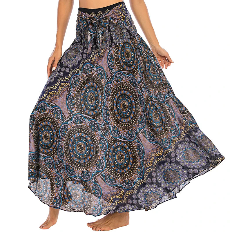Boho Skirts Women Rayon Beach Long Dress Summer Bohemian Jupe Longue Femme Elastic Waist Print Floral Bandage Halter Hippie - Matrix Studios