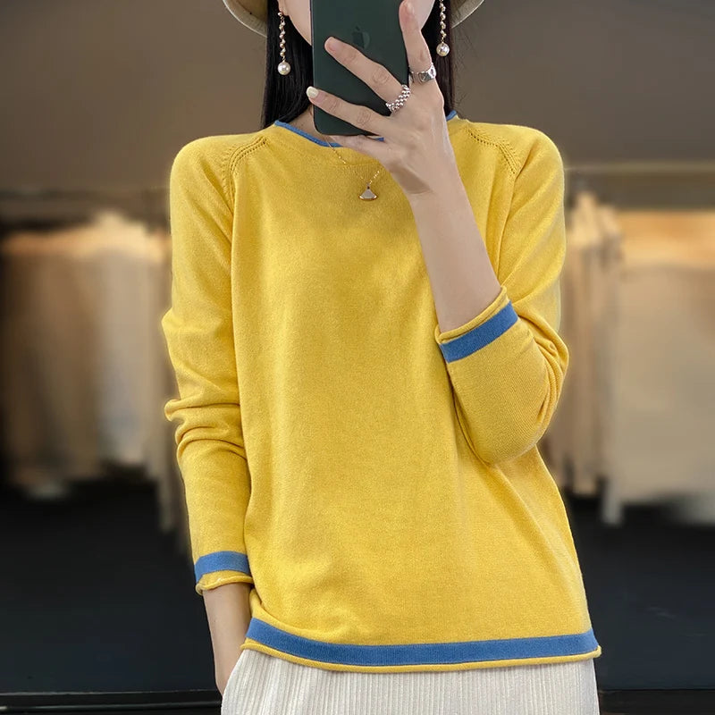 100% Cotton Knitwear Women's Round Neck Sweater Spring And Summer New Loose Color Matching Cotton And Linen Bottoming Shirt - Matrix Studios