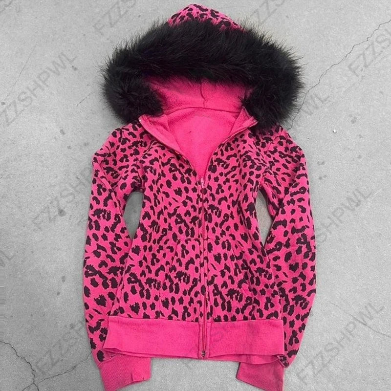 Y2K Harajuku Gothic Women's Hoodie Sexy Slim Chic Suede Fur Collar Letter Print Cardigan Sweatshirt Aesthetic Female Streetwear - Matrix Studios