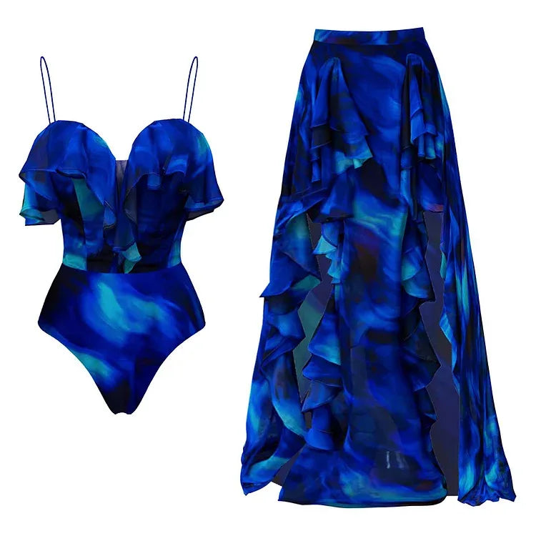 Fashion Women's Clothing One Piece Navy Print Swimsuit Bikini Set Beach Skirt Polyester Bodysuit Swimwear Style Wear Maxi Dress - Matrix Studios