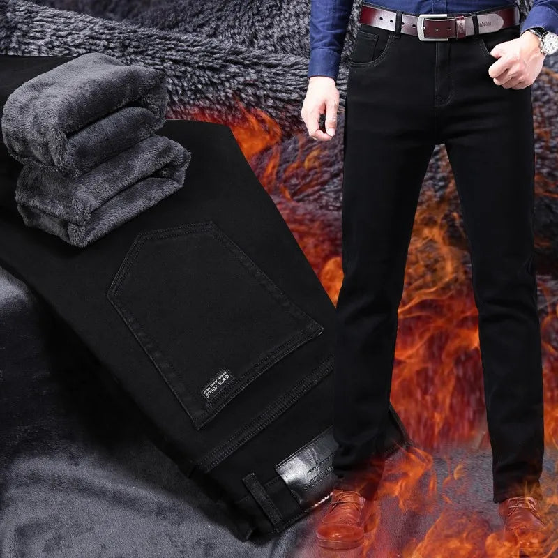 2025 New business casual Trousers Grey Fleece Men Clothes Black Elasticity Warm Winter Jeans Velvet Jeans - Matrix Studios