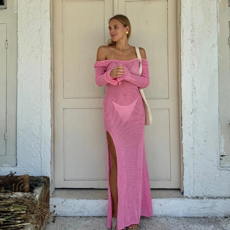 Side Slit Backless Knit Long Dress, Fashion Beach Vacation Long Sleeve Sun Protection Cover Up, All Seasons Fitted Plain Style - Matrix Studios