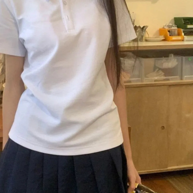 Summer Women's Polo Shirt Short Sleeve Skinny Slim Solid Japanese Preppy Style Uniform Tshirt White Basic Button Casual Top Tees - Matrix-studios.com