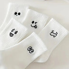 5/10 Pairs Women White Cartoon Socks Trendy Versatile Expression Socks Simple Design Soft Breathable Comfortable Casual Socks - Matrix Studios