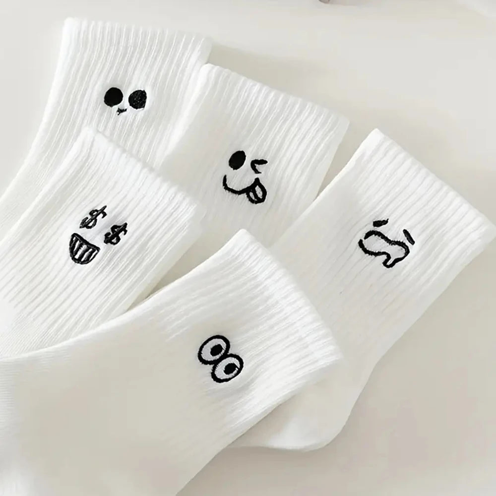 5/10 Pairs Women White Cartoon Socks Trendy Versatile Expression Socks Simple Design Soft Breathable Comfortable Casual Socks - Matrix Studios