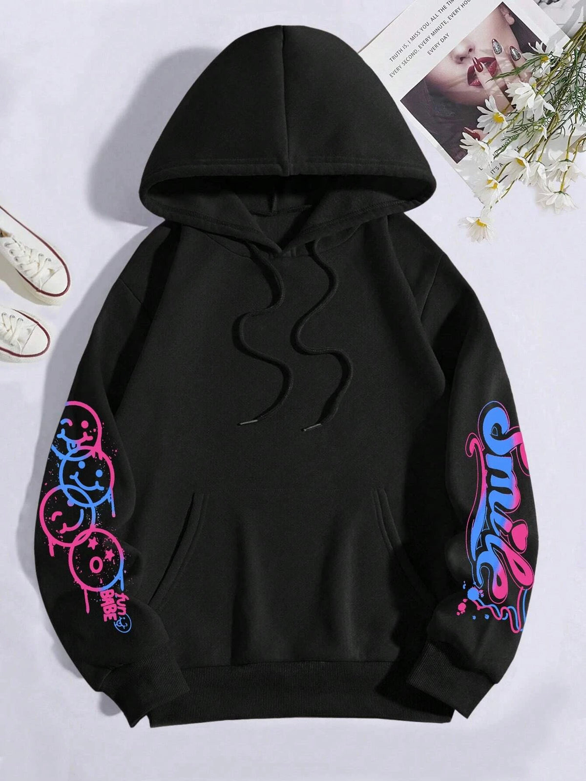 Happy Day Graffiti Print Women Hoodie Street Hip Hop Hoody Fashion Crewneck Versatile Hoodies Vintage Oversize Clothes Female - Matrix Studios