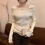 Solid Sexy Slim Off Shoulder Slash Neck Long Sleeve Knitting Sweater Women Jumpers Office Fashion New - Matrix Studios