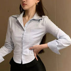 2025 New Female Korean White Office Women Chiffon Shirt Pocket Button Lapel Ladies Blouse Spring Commuter Long Sleeve Crop Tops - Matrix-studios.com