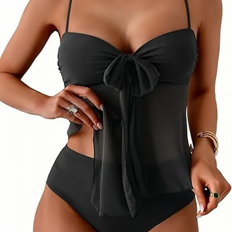 Women Solid Front Bow Chiffon Bikinis Set 2 Piece Tankini Swimsuit Strapless Bandeau Spaghetti Strap High Cut Beach Swimwear - Matrix-studios.com