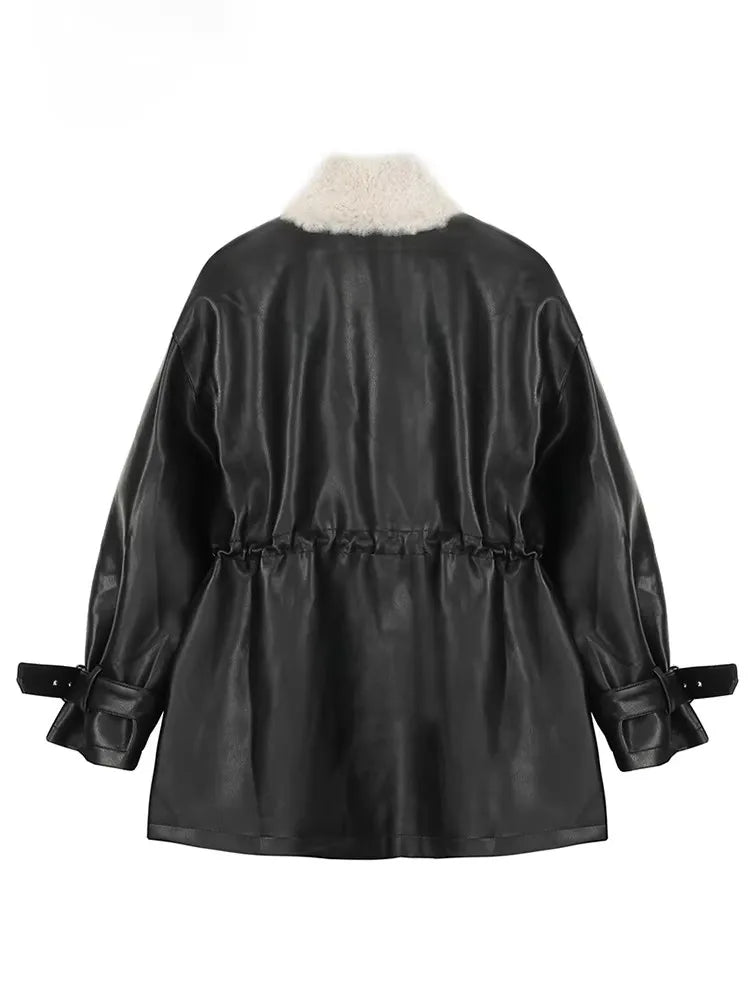 Mauroicardi Autumn Winter Loose Thickened Warm Black Pu Leather Jacket Women with Faux Fur Inside and Collar Furry Parka 2025 - Matrix Studios