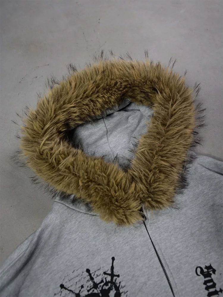 Winter Fashion Streetwear Women's Gothic Printed Faux Fur Hooded Jacket Trendy Edgy Zip - Up Sweatshirt 2026 New Arrival - Matrix Studios