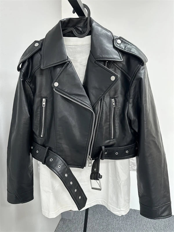 2025New Coal graysty le Women's washed leather jacket with belt, short coat with downgraded zipper and vintage lapel jacket - Matrix Studios