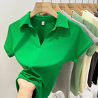 Niche Design Slim Fit Short Sleeve Women T-Shirt 2026 Summer New Arrival V-Neck Polo Shirt Unique Elegant Top Korean Solid Tee - Matrix-studios.com
