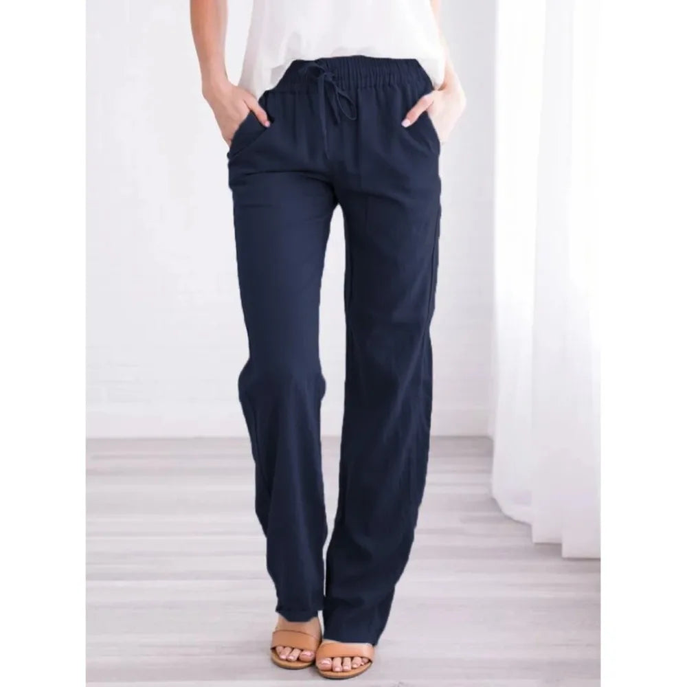 Women Cotton Linen Drawstring Pants Elastic Waist Casual Solid Color Trousers Baggy Loose Straight Leg Breathable Sweatpants - Matrix-studios.com